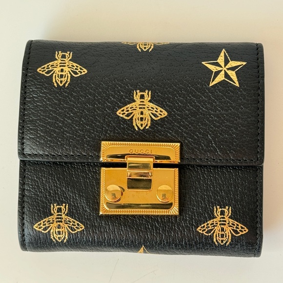 Gucci Handbags - Gucci Calfskin Bee Star Print Padlock Trifold Wallet Black